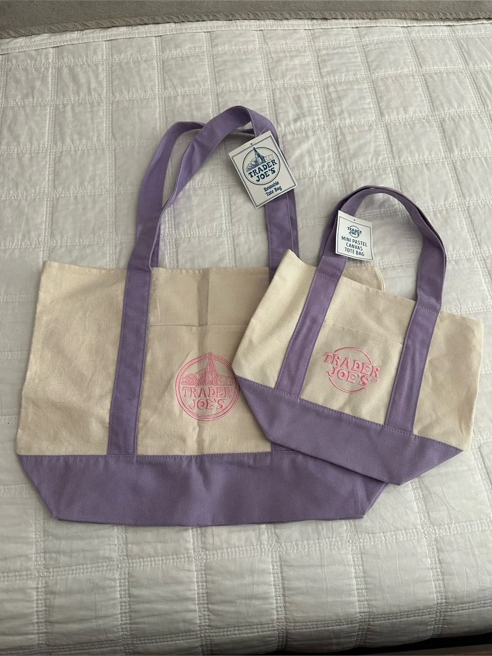 Trader Joe’s Lavender Canvas Tote Bag set. Large & mini size. NWT